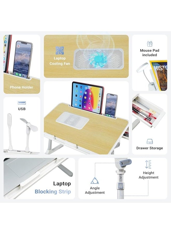 طاولة لابتوب خشبية باللون البلوط الأبيض - مكتب سرير قابل للتعديل مع مروحة تبريد USB، إضاءة LED، ودرج تخزين - Image 5